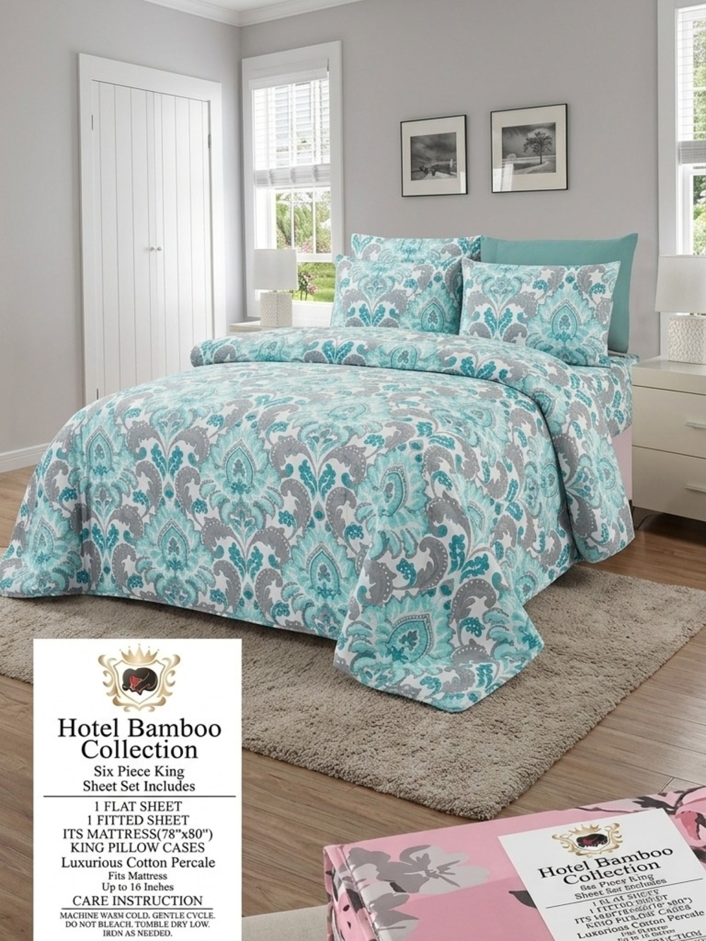 BAMBOO Teal and Gray Damask Comforter Set